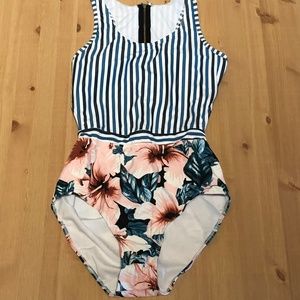 Monokini, striped green, pink flowers